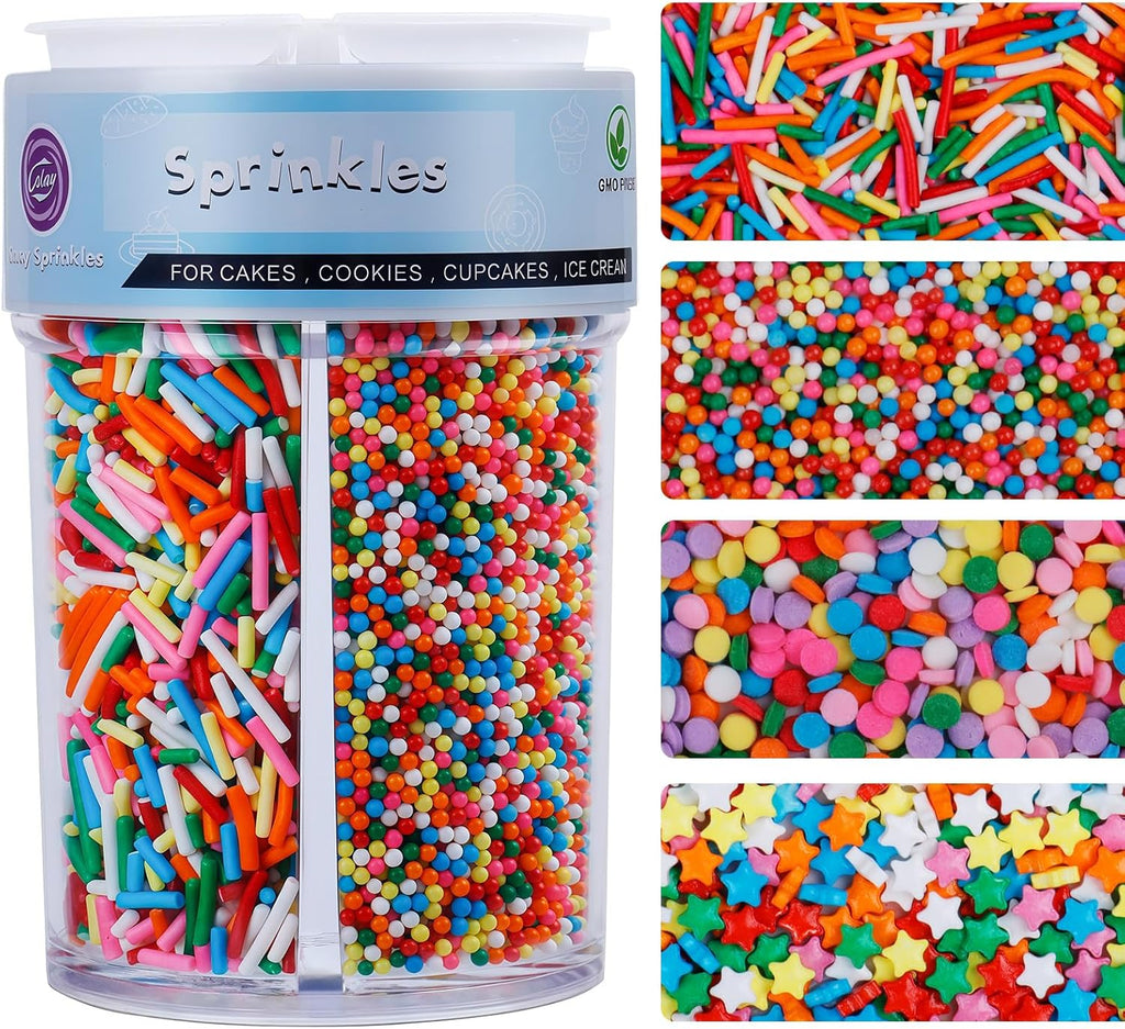 Rainbow Sprinkles for Cake Decorating, 8Oz 4-Cell Edible Sugar Sprinkles Mix with Nonpareil, Jimmies, Star Shapes & Confetti Circles for Cookies Cake Ice Cream Cupcakes Brownie Baking Topping
