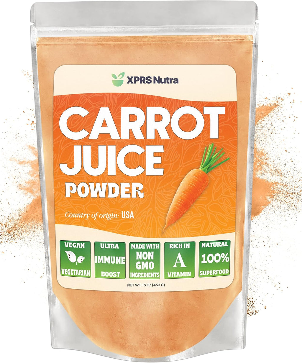XPRS Nutra 100% Natural Carrot Juice Powder - Pure Carrot Powder from The USA - Ideal for Juice and Smoothie - High in Vitamin A, Phytonutrients and Antioxidants - Non-GMO (16 oz)