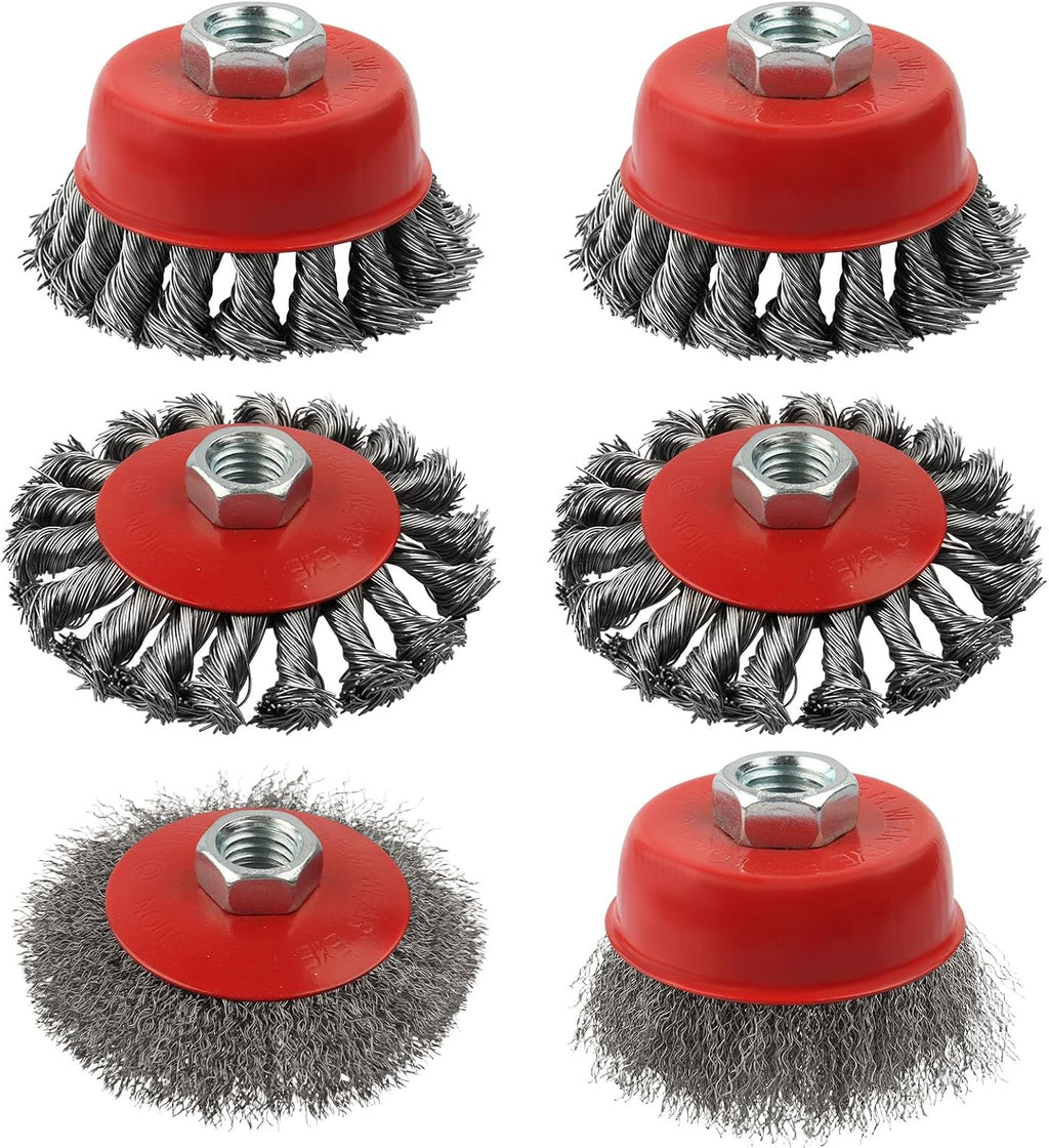 Rocaris 6 Pack 4 1/2" Angle Grinder Wire Whee Cup Brush, 3 & 4 Inch Twisted Knotted & Coarse Crimped Cup Brush for Cleaning Rust, 5/8 -11 Inch Threaded Arbor