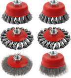 Rocaris 6 Pack 4 1/2" Angle Grinder Wire Whee Cup Brush, 3 & 4 Inch Twisted Knotted & Coarse Crimped Cup Brush for Cleaning Rust, 5/8 -11 Inch Threaded Arbor