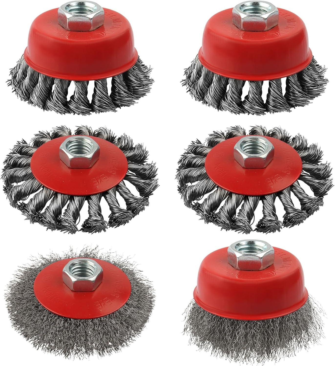Rocaris 6 Pack 4 1/2" Angle Grinder Wire Whee Cup Brush, 3 & 4 Inch Twisted Knotted & Coarse Crimped Cup Brush for Cleaning Rust, 5/8 -11 Inch Threaded Arbor