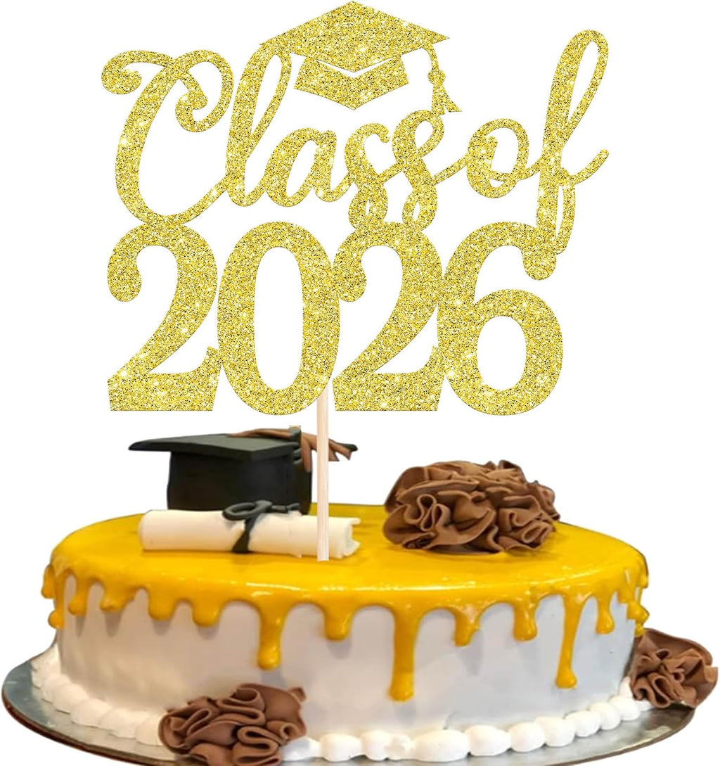 Rsstarxi 1 Pack Class of 2026 Cake Topper Glitter Congrats Grad 2026 Graduation Cake Pick Decorations for 2026 Graduation Theme High School Graduate Party Cake Decorations Gold