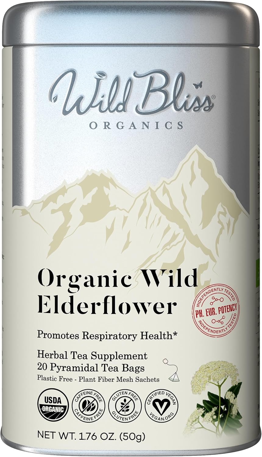 Wild Bliss Organic Elderflower Herbal Tea - Caffeine Free Elder Flowers Tisane - Pharmacopoeia Potency - 20 Plant Based Tea Bags