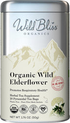 Wild Bliss Organic Elderflower Herbal Tea - Caffeine Free Elder Flowers Tisane - Pharmacopoeia Potency - 20 Plant Based Tea Bags