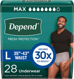 Depend Fresh Protection Adult Diapers, Incontinence Underwear for Men, Disposable, Maximum, Large, Grey, 28 Count, Packaging May Vary