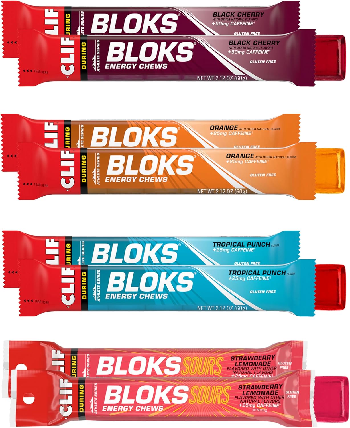 CLIF BLOKS - Energy Chews with Caffeine - Variety Pack - Non-GMO - Plant Based - Fast Fuel for Cycling and Running - Quick Carbohydrates and Electrolytes - 2.12 oz. Packets (8 Count)