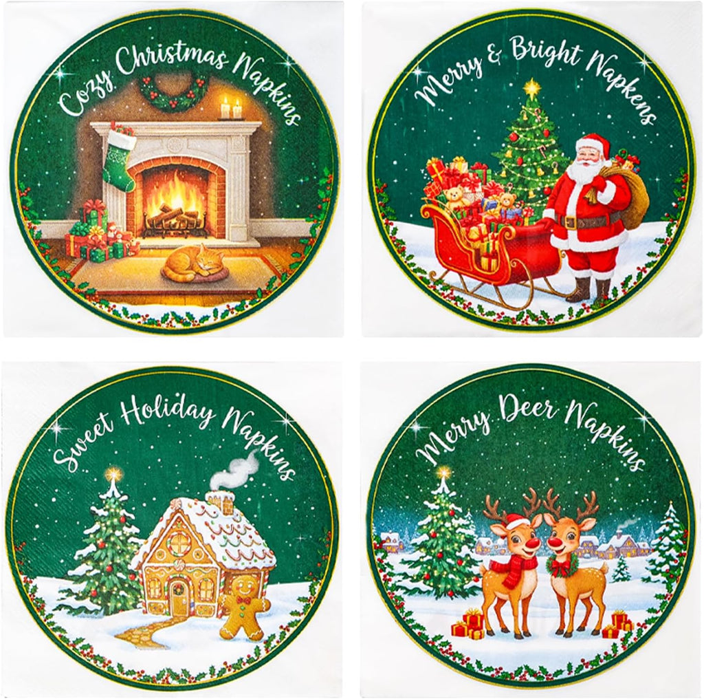 100 Pcs Christmas Cocktail Napkins Disposable 2 Ply – 4 Designs disposable Xmas Cocktail Napkin Dinnerware Set for Xmas Party Decorations