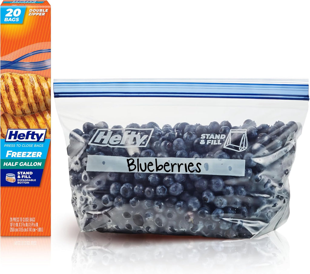 Hefty Press to Close Plastic Freezer Bags, Half Gallon Size, 20 Count