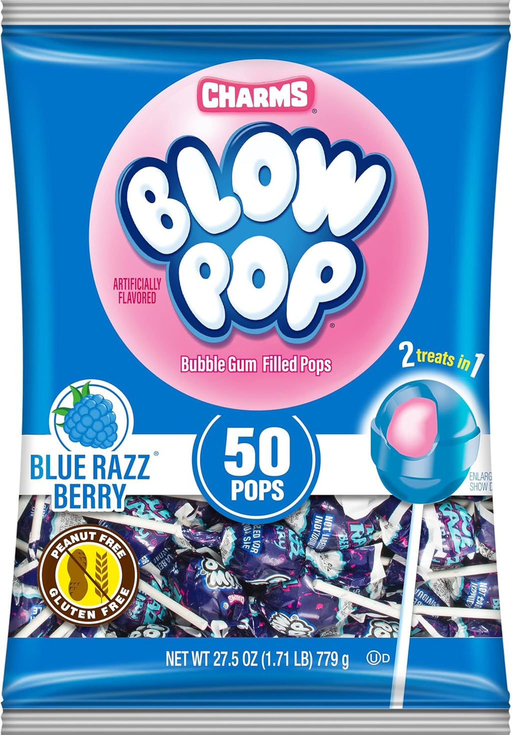 Charms Blow Pop Single Flavor Bag - Blue Raspberry Flavored Lollipops with a Bubble Gum Center - Individually Wrapped Hard Candy - Blue Candy - Peanut Free, Gluten Free, 50 Count (Pack of 1)