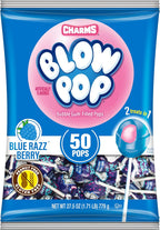 Charms Blow Pop Single Flavor Bag - Blue Raspberry Flavored Lollipops with a Bubble Gum Center - Individually Wrapped Hard Candy - Blue Candy - Peanut Free, Gluten Free, 50 Count (Pack of 1)