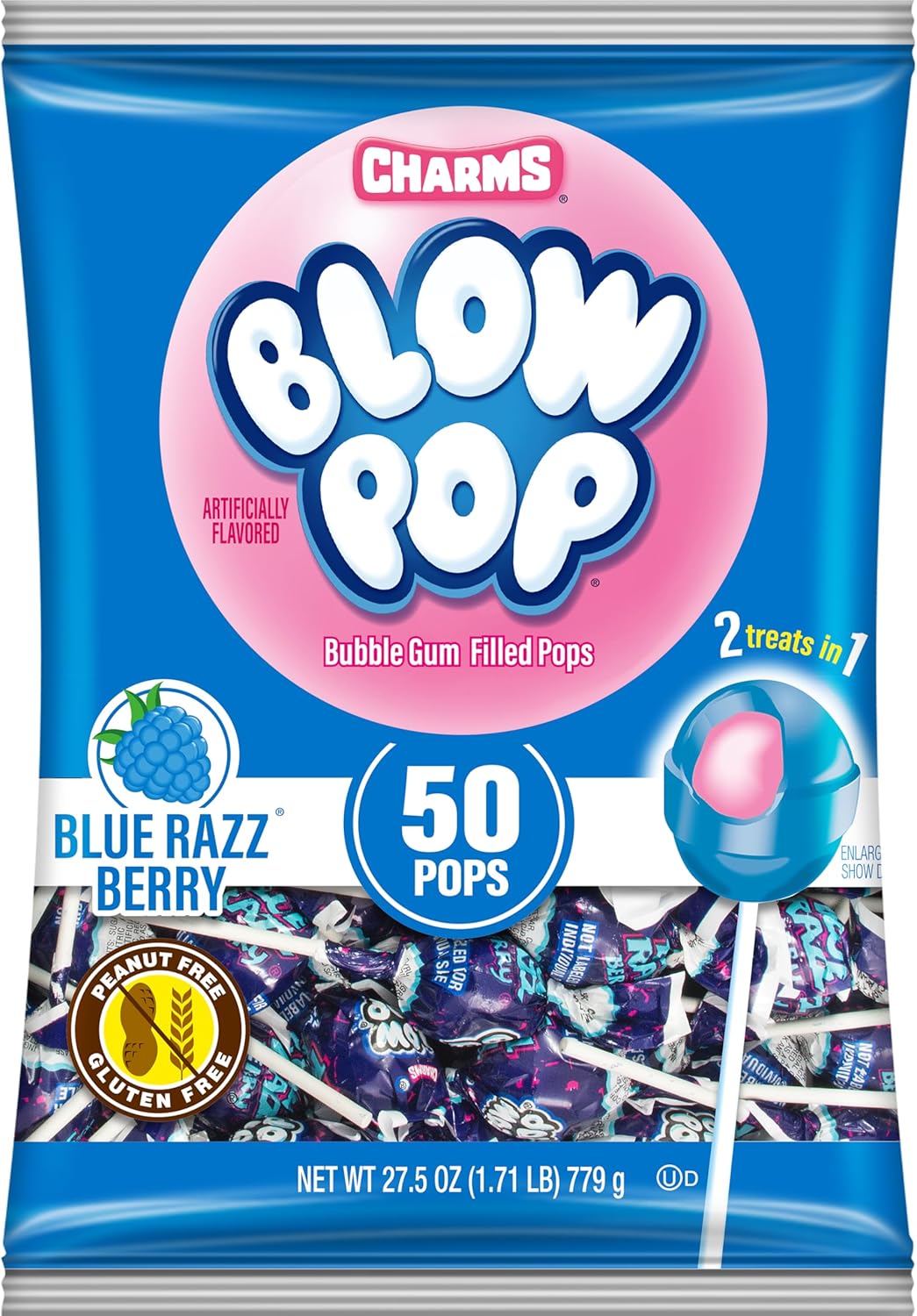 Charms Blow Pop Single Flavor Bag - Blue Raspberry Flavored Lollipops with a Bubble Gum Center - Individually Wrapped Hard Candy - Blue Candy - Peanut Free, Gluten Free, 50 Count (Pack of 1)
