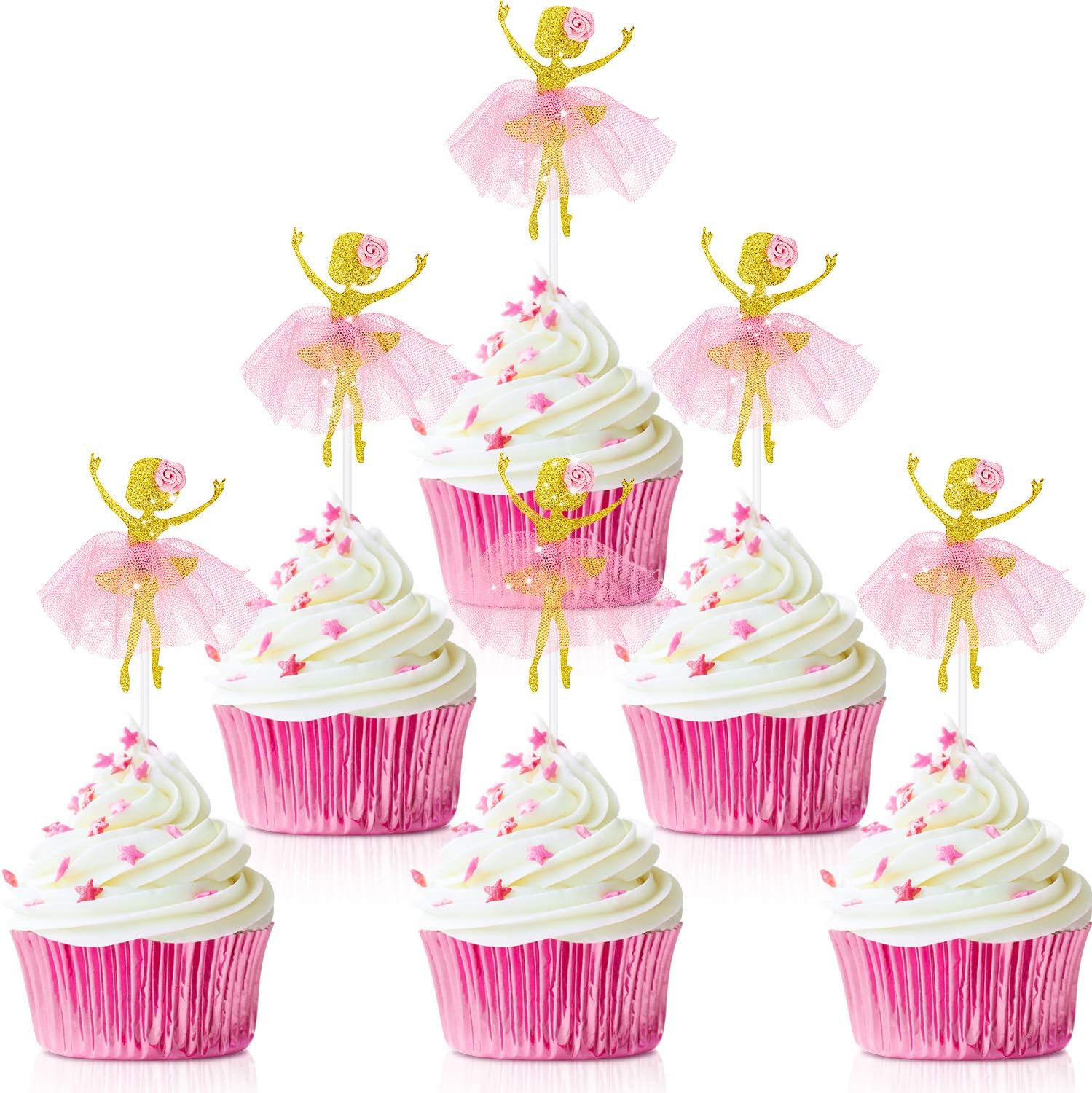 Blulu 48 Pieces Ballerina Cupcake Toppers Tutu Dress Ballet Cupcake Picks Glitter Ballet Cake Decorations Girl Toothpicks Cake Decor for Girls Birthday Party Favors Supplies