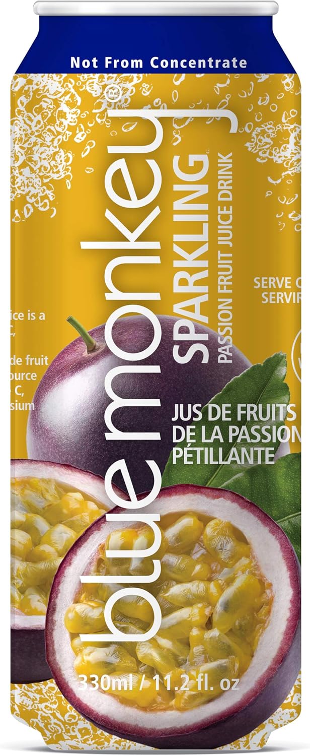 Blue Monkey Sparkling Passion Fruit Juice - Real Fruit Juice, No Sugar Added, All Natural, Lightly Carbonated, Halal Certified - Refreshing Tropical Sparkling Water Alternative - 11.2oz (330ml) 12 Pack