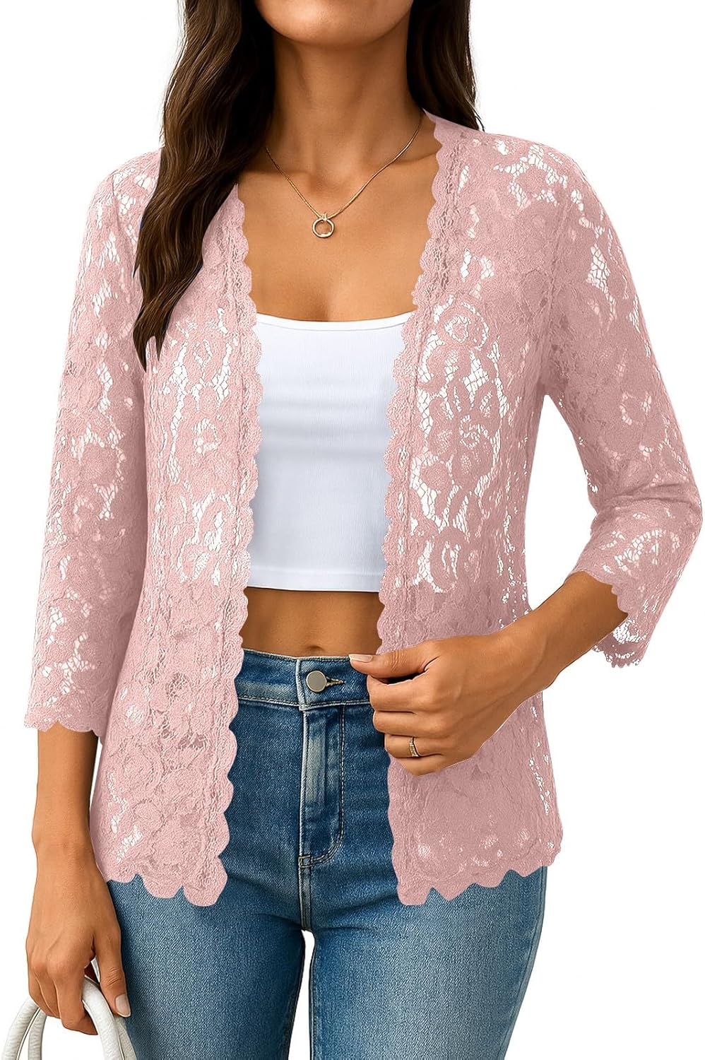 Spring Cardigans for Women 2026 Lightweight 3/4 Sleeve Crochet Lace Cardigan Dressy Casual Open Front Bolero Shrug