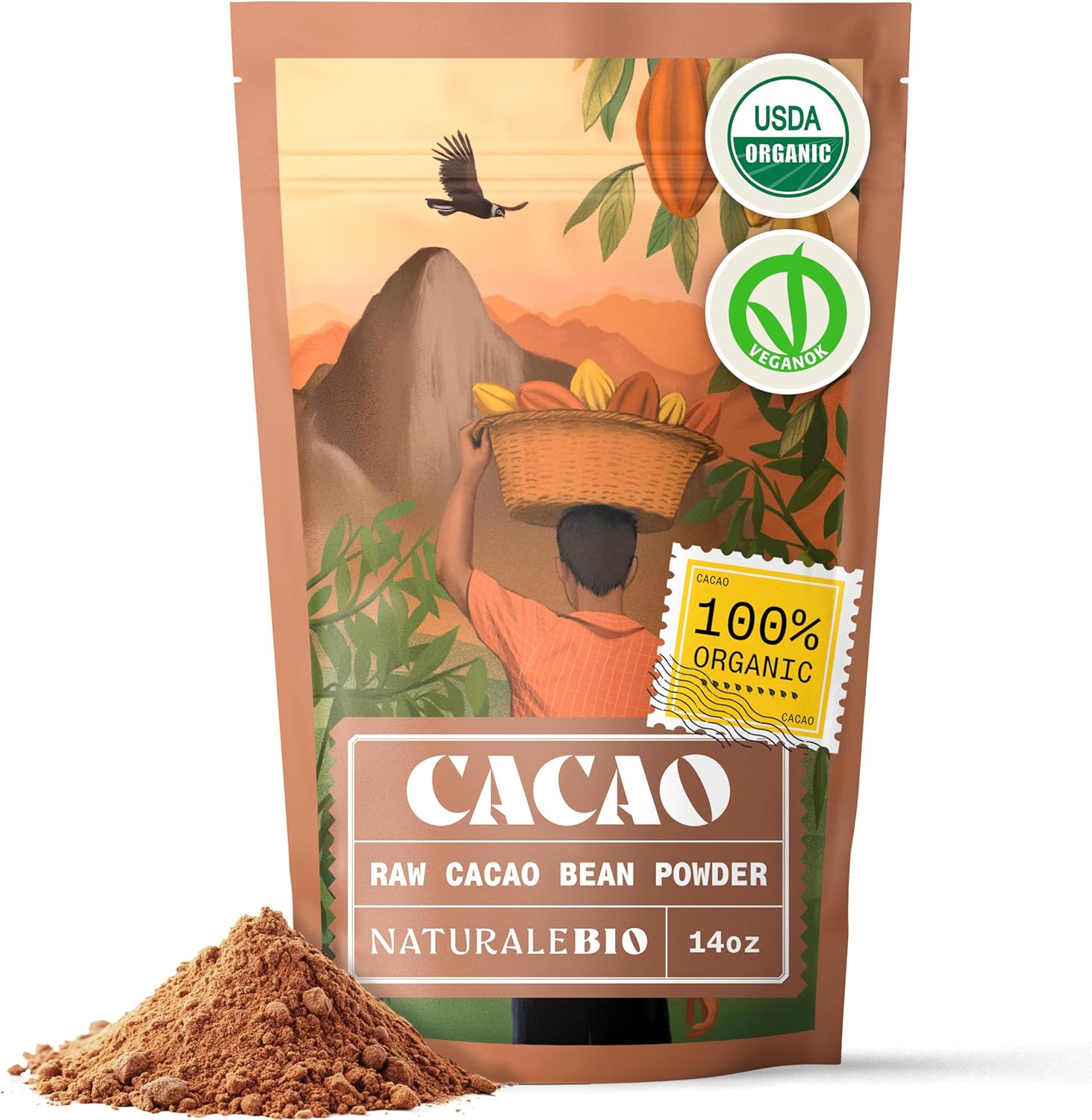 NaturaleBio Cacao Powder Organic 14oz. Unsweetened, Non-Alkalized and Pure. Cocoa Powder Substitute with Rich Dark Chocolate Flavor. Non-GMO, Gluten Free, Tested for Heavy Metals. From Raw Cacao Beans