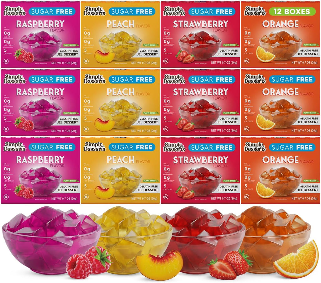 Simply Desserts Sugar-Free Jel Variety 12-Pack (Raspberry, Peach, Orange, Strawberry) —Vegan Treat, Keto Snacks, Diabetic Friendly & Kosher, 1.7 Oz Ea