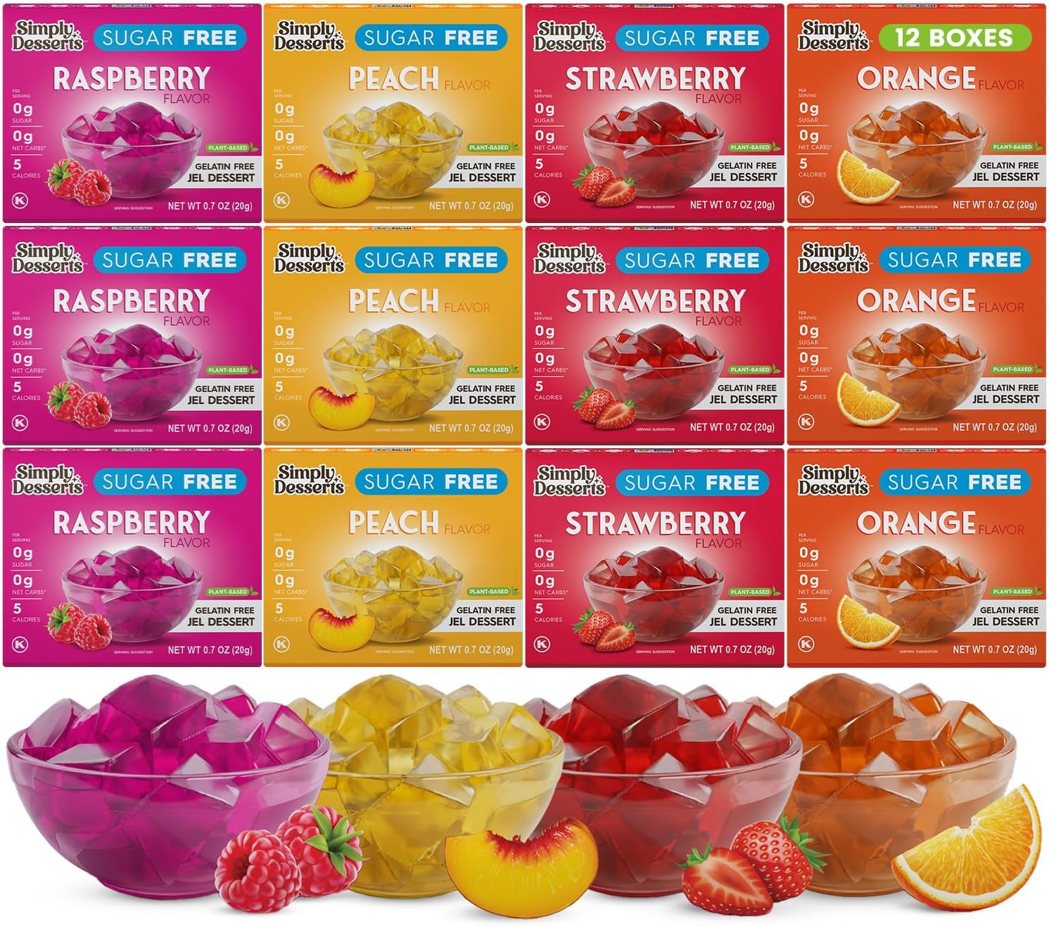 Simply Desserts Sugar-Free Jel Variety 12-Pack (Raspberry, Peach, Orange, Strawberry) —Vegan Treat, Keto Snacks, Diabetic Friendly & Kosher, 1.7 Oz Ea