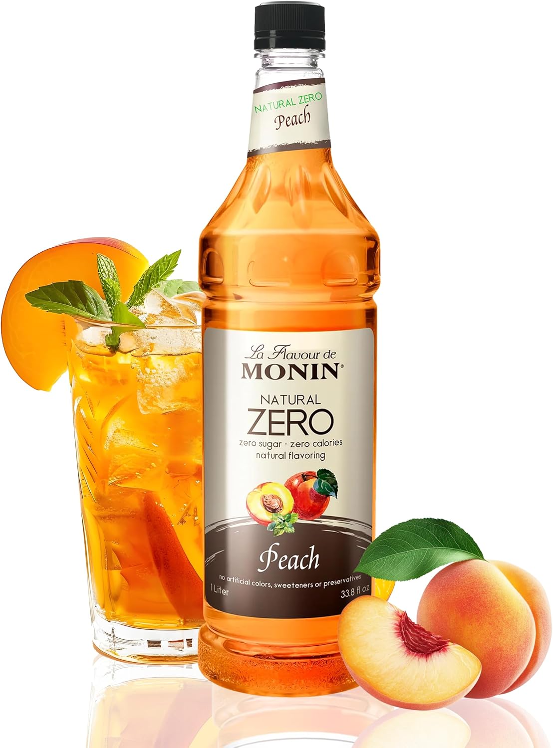 Monin - Zero Calorie Natural Peach Syrup, Fresh and Juicy Flavors, Great for Iced Teas, Lemonades, and Sodas, Non-GMO, Gluten-Free (1 Liter)
