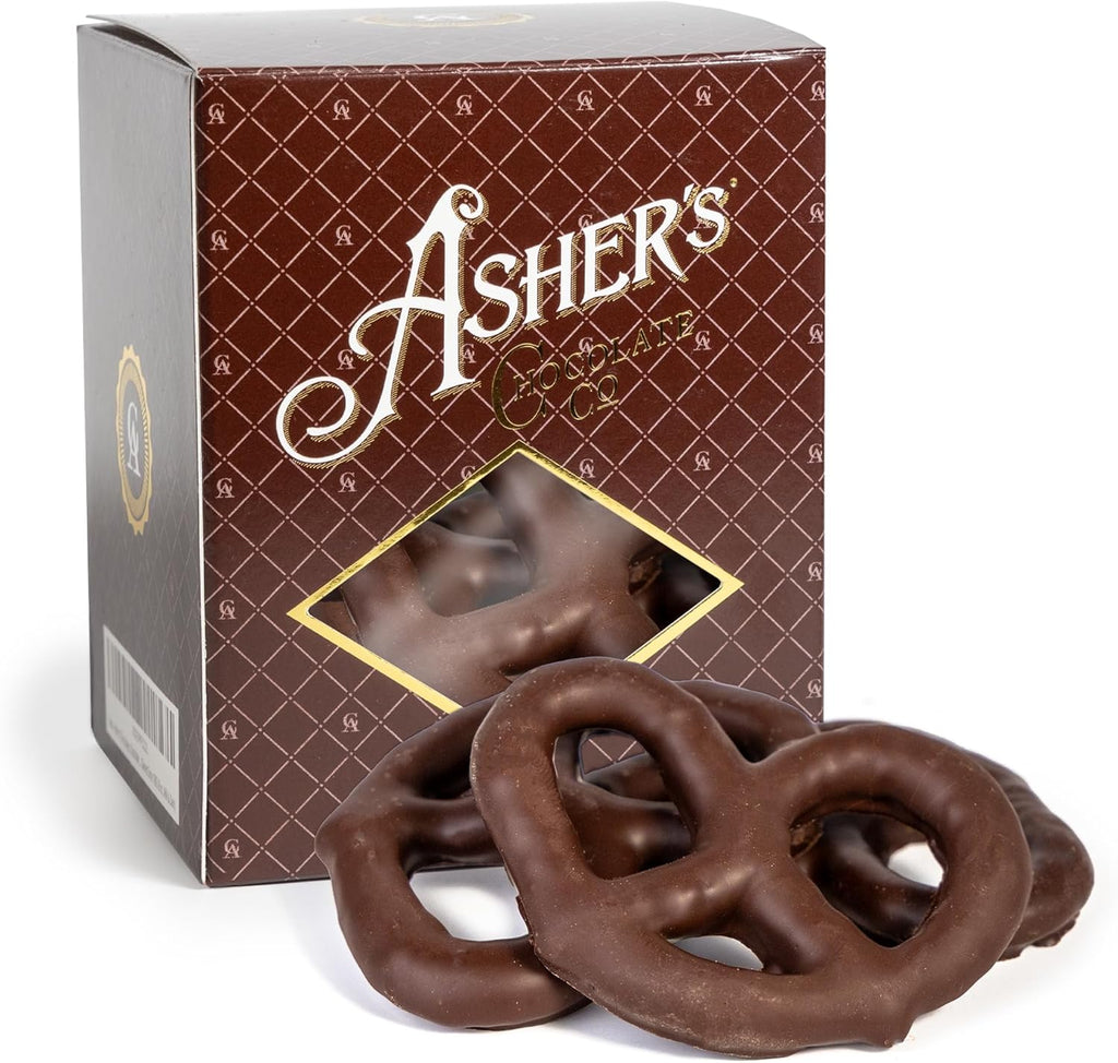 Asher's Chocolates Sugar Free Chocolate Covered Pretzel, 8 Large and Delicious Pretzels in Decorative Box, Diabetic Friendly, No Sugar Added, Gourmet Sweet and Salty Candy, Family Owned Since 1892 (Dark Chocolate)