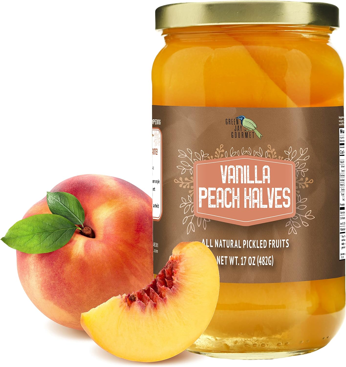 Green Jay Gourmet Vanilla Peaches in a Pint Jar - Fresh Hand Jarred Fruit for Cooking & Pantry – Home Grown Pre-Prepared Pickled Peaches With Bourbon Vanilla Bean – All Natural Ingredients - 17 Ounces