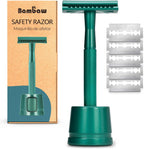 Bambaw Double Edge Close Comb Safety Razor with Stand, Shaving Razor for Men with 5 Safety Razor Blades, Reusable Eco Freindly DE Metal Razor – Sea Green