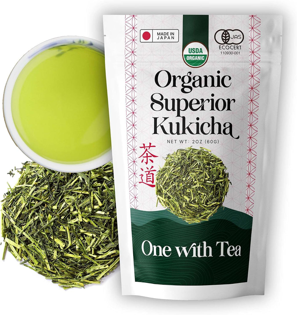 One With Tea Organic Japanese Kukicha Green Tea Loose Leaf – Premium Twig Tea from Japan, Whole Leaf Stems & Leaves, USDA Organic, Mild & Smooth Flavor, Traditional Japanese Green Tea