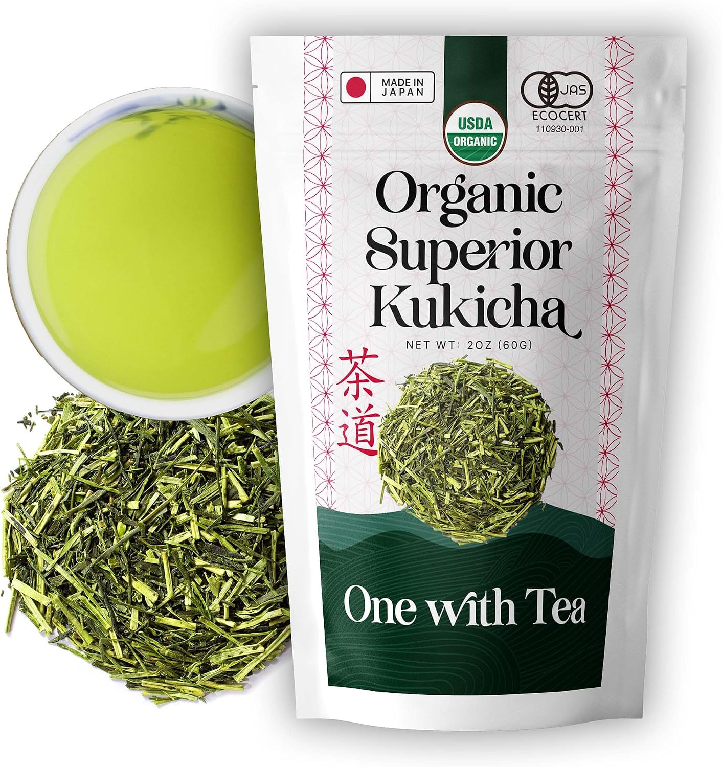 One With Tea Organic Japanese Kukicha Green Tea Loose Leaf – Premium Twig Tea from Japan, Whole Leaf Stems & Leaves, USDA Organic, Mild & Smooth Flavor, Traditional Japanese Green Tea
