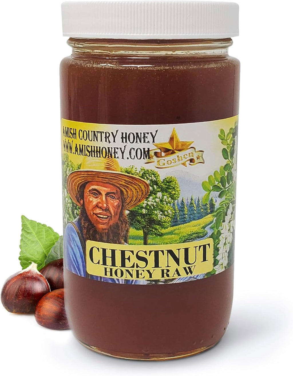 Goshen Amish Country Extremely Raw Chestnut Honey - Unfiltered, Unprocessed, Pure & Natural - Harvested in the USA - Rich Flavor for Tea, Cooking, Wellbeing - Kosher Certified - 16oz Glass Jar