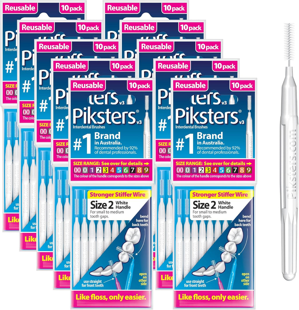 Piksters Interdental Brushes, Size 2, 100 Count (10 x 10 Packs), Interdental Tooth Brush, Size 2, for Small & Medium Gaps, Gum Soft Bristles for Plaque Removal, Safe for Braces (100pk)