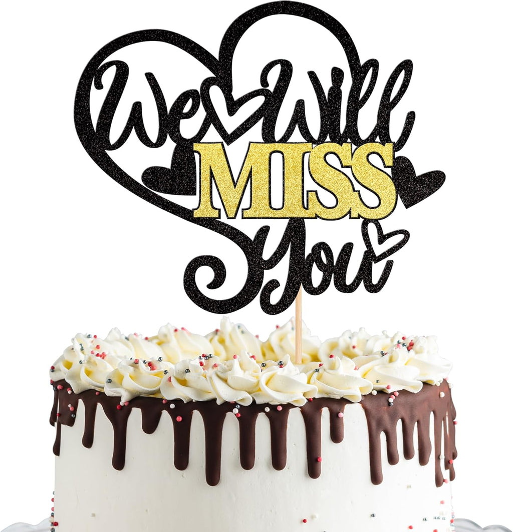 1 PCS We Will Miss You Cake Topper Black Glitter Heart Good Luck Cake Pick Decoration for Going Away Farewell Retirement Graduation Theme Party Cake Decorations Supplies