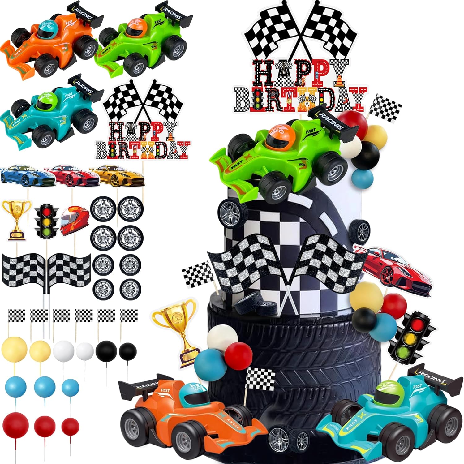 37PCS Race Car Cake Topper Racing Cake Decorations Decor Race Flags Cakes Ornament Colorful Cakes Decoration for Birthday Parties