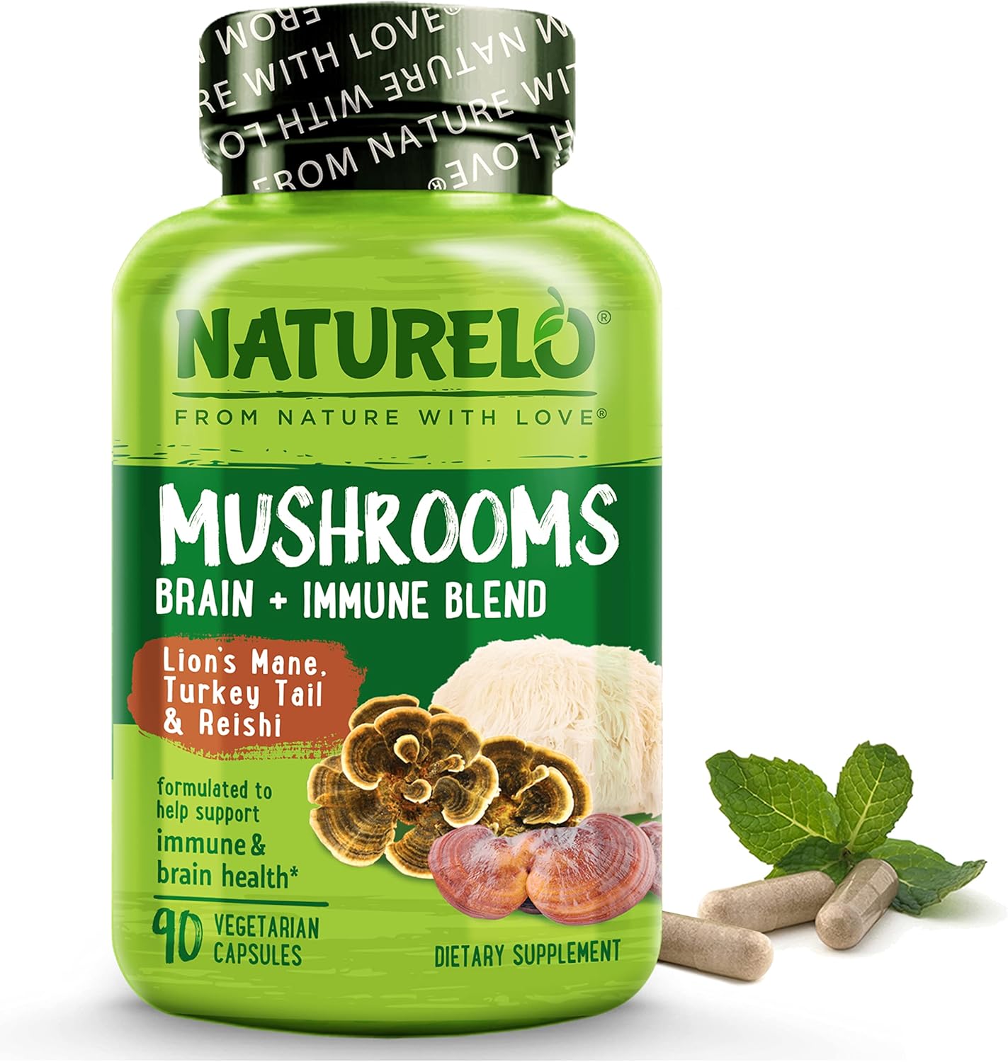 NATURELO Mushroom Supplement Capsules, 90 Ct, Brain & Immune Support, Vegan-Friendly, Lions Mane Supplement Capsules, Lion’s Mane, Reishi, Turkey Tail Blend