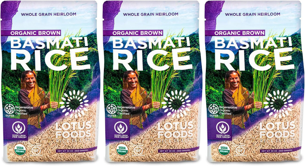 Lotus Foods Regenerative Organic Brown Basmati Rice - Gluten Free Whole Grain Heirloom Rice, Vegan, Non GMO, Use for Curries, Stir Fries, Rice Pudding, Salad, and More - 30 oz Bag (Pack of 3)