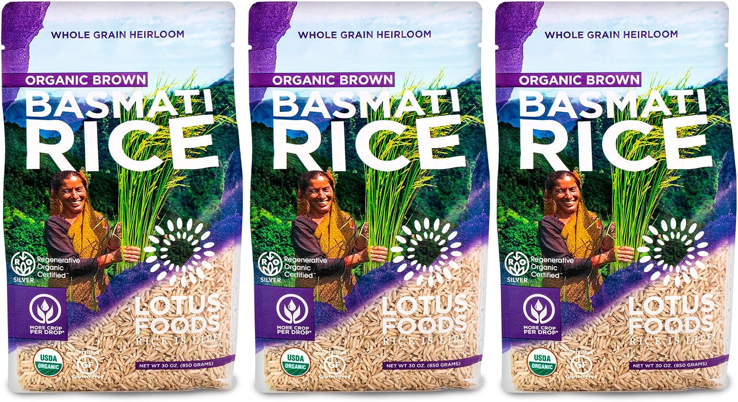 Lotus Foods Regenerative Organic Brown Basmati Rice - Gluten Free Whole Grain Heirloom Rice, Vegan, Non GMO, Use for Curries, Stir Fries, Rice Pudding, Salad, and More - 30 oz Bag (Pack of 3)