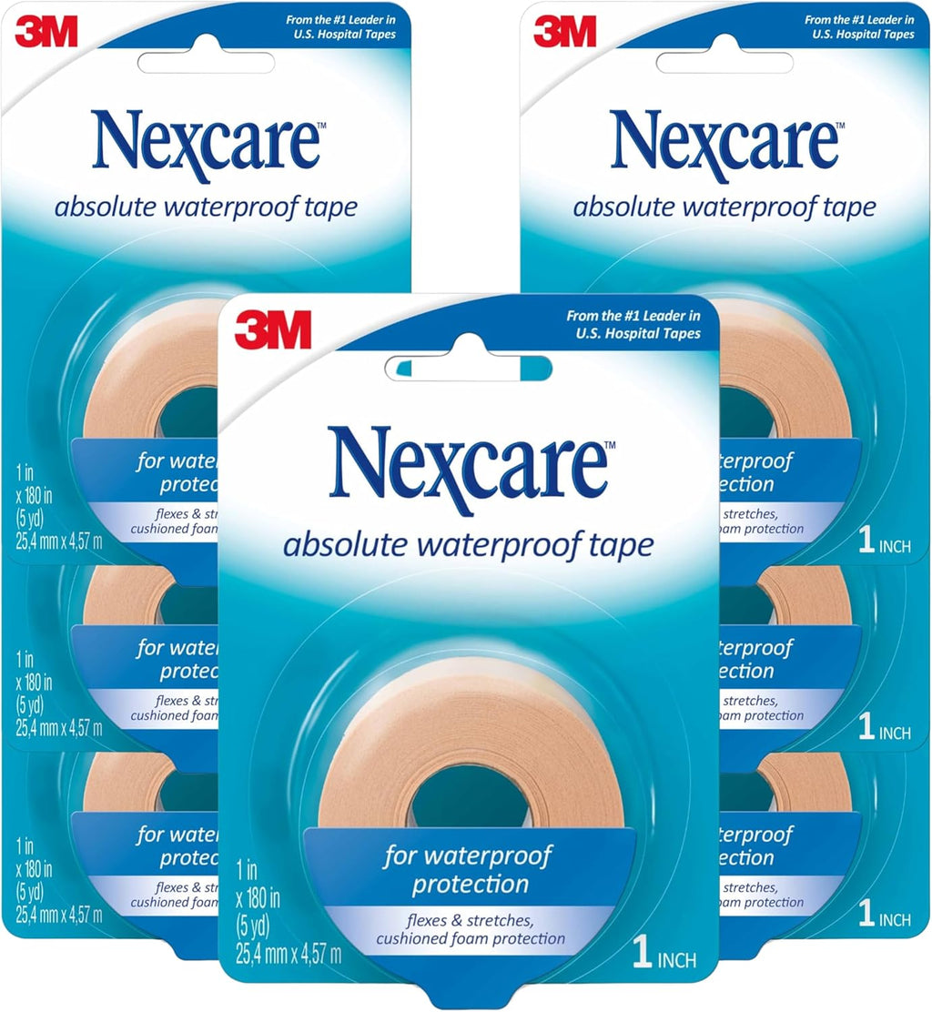 Nexcare Absolute Waterproof Tape 1 Inch x 5 Yards (Pack of 7 Rolls) – Latex-Free Breathable Medical Tape for First Aid, Flexible Foam Adhesive Bandage Tape for Wound Care, Sports & Active Use