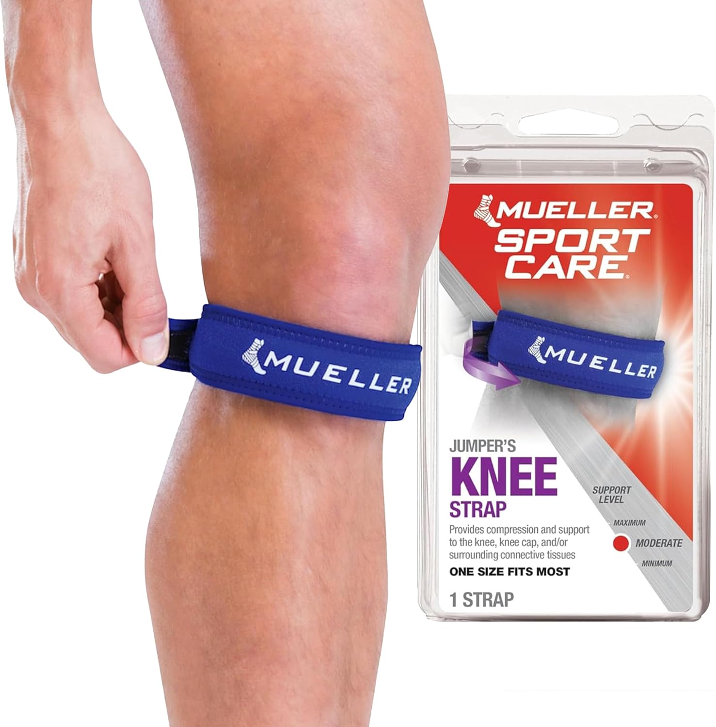 MUELLER Sports Medicine Jumper's Knee Single Strap for Men and Women, Knee Compression and Pain Relief Support, Ideal for Osgood-Schlatter's, Patellar Tendinitis, One Size