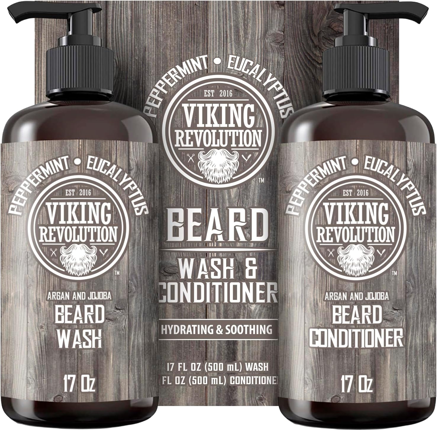 Viking Revolution Beard Wash & Conditioner Set w/Argan & Jojoba Oils – Softens, Smooths & Strengthens Beard Growth - Natural Peppermint and Eucalyptus Scent - Shampoo (17 oz)