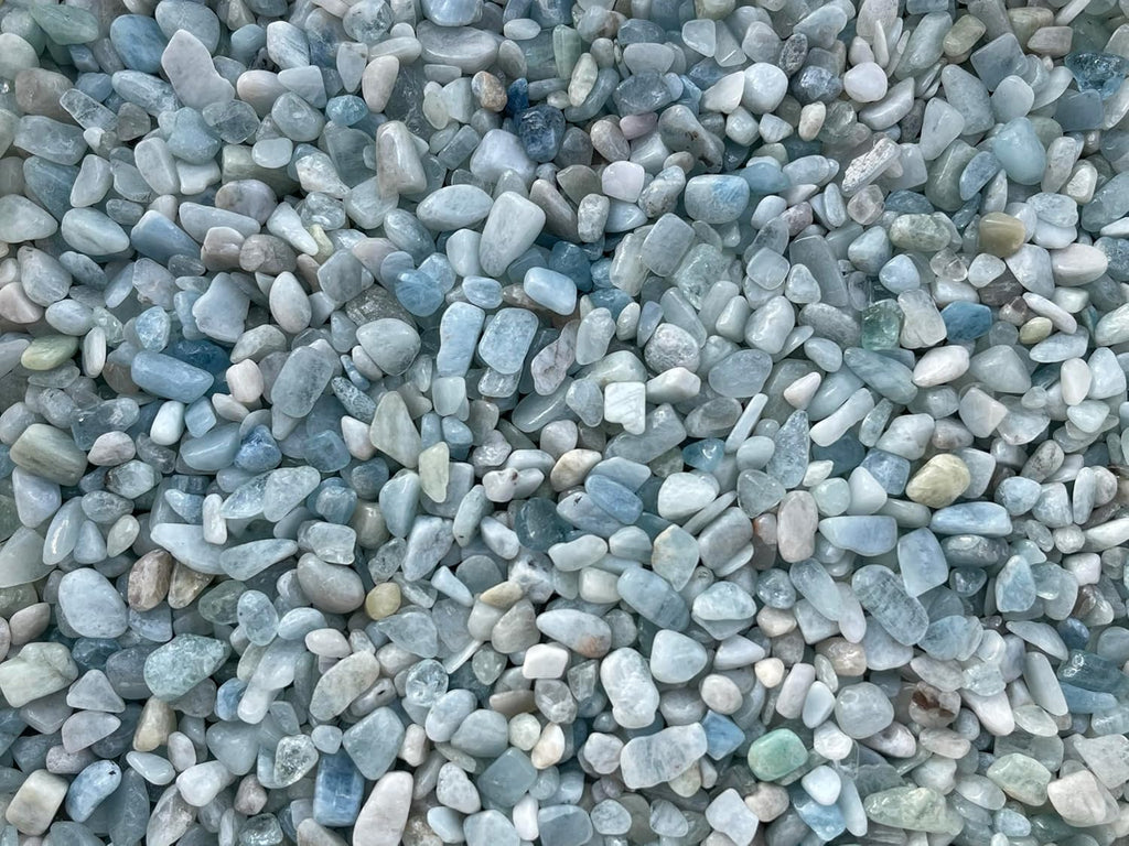GAF TREASURES 2 oz Lot Natural Aquamarine Semi Tumbled Gemstone Chips, Crushed Mini Crystals, Undrilled Crystal Chips (Aquamarine)