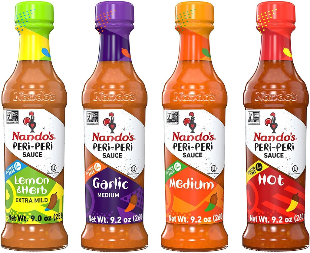 Nando's PERi-PERi Hot Sauce Variety Gift Pack - Medium, Hot, Garlic, Lemon & Herb Piri Piri Sauces | Flavorful Hot Sauce Gift Set Box | Great as Wing Sauces! Gluten Free - 9.1 oz (4 Pack)