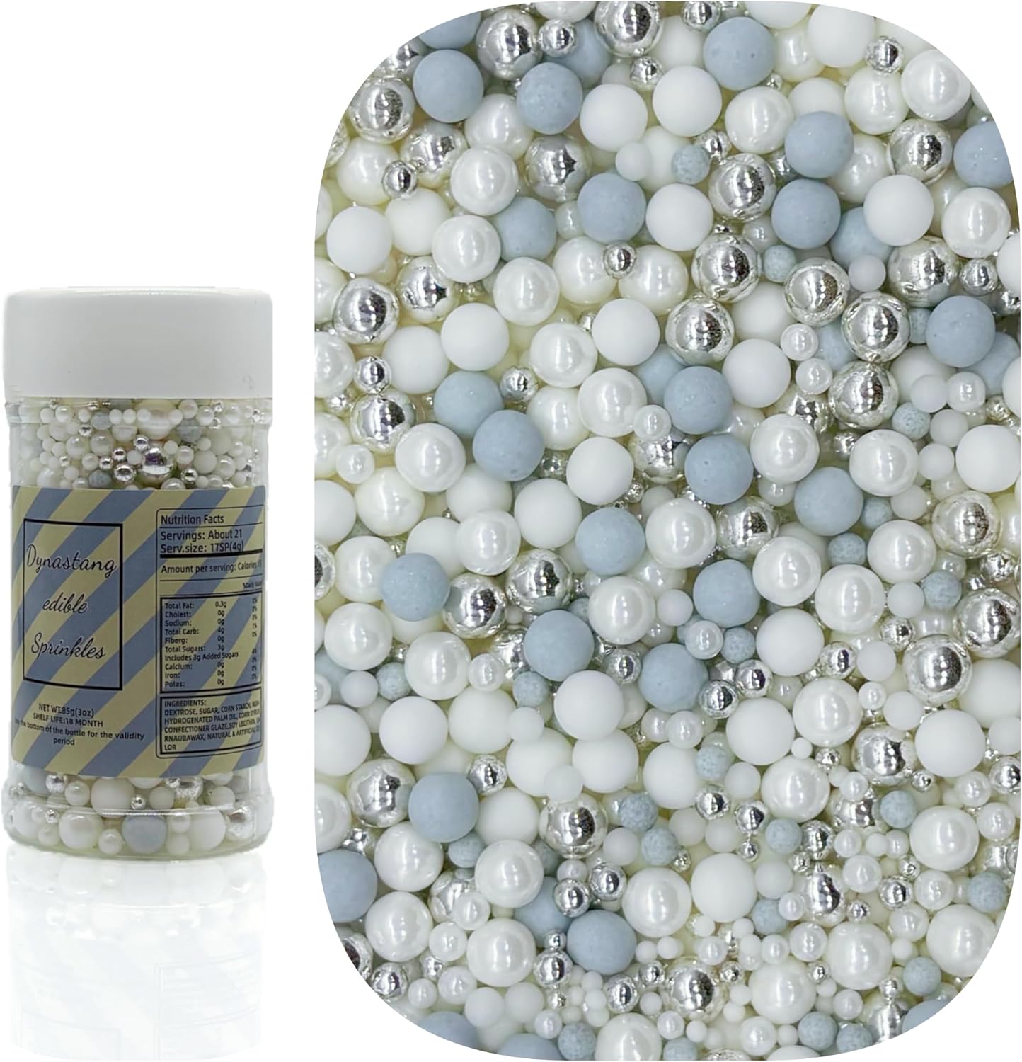 Dynastang Mixed Size Light Grey & Silver & White Pearls Sprinkles Edible Pearls Cake Decorations Cupcake Toppers Decorating Perfect for Cakes, Cupcakes, Desserts 3OZ