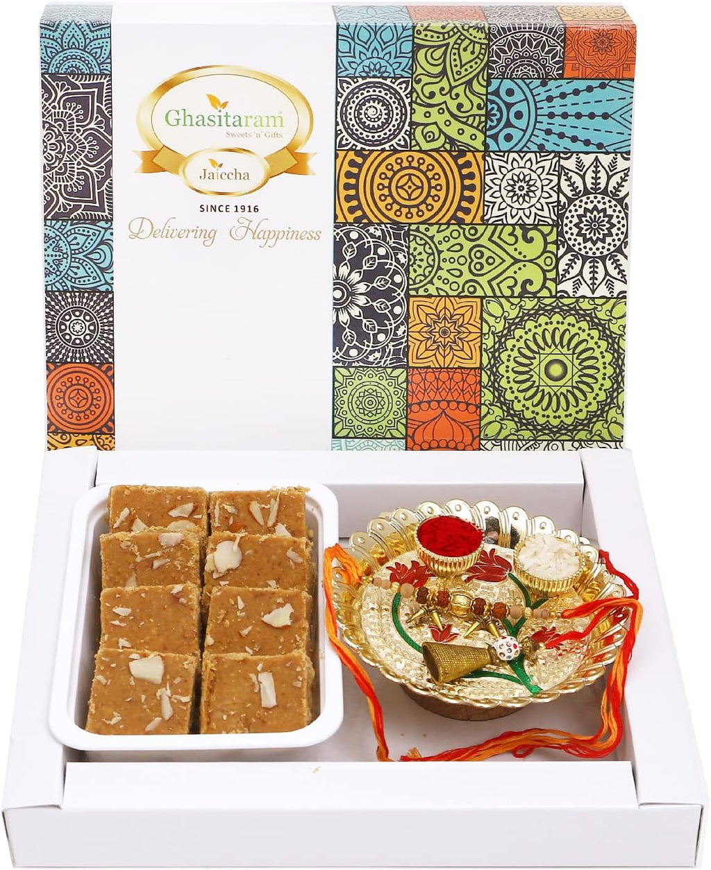 Ghasitaram Gifts Rakhi Gifts for Brothers White Box of Besan Barfi, Pooja Thali and Bhaiya Bhabhi Rakhis