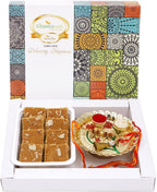 Ghasitaram Gifts Rakhi Gifts for Brothers White Box of Besan Barfi, Pooja Thali and Bhaiya Bhabhi Rakhis
