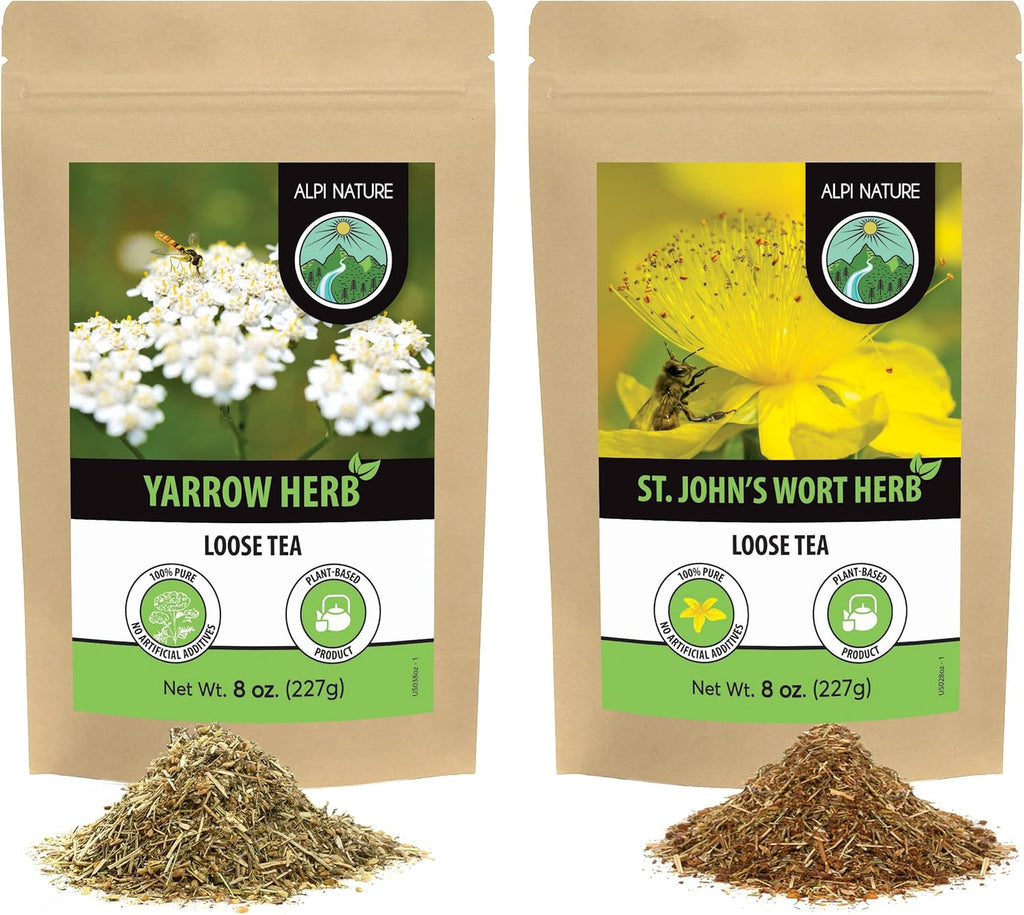 Alpi Nature Yarrow Tea and St. John's Wort Tea Bundle, 8 oz each, Dried Cut Herbs for Herbal Infusion