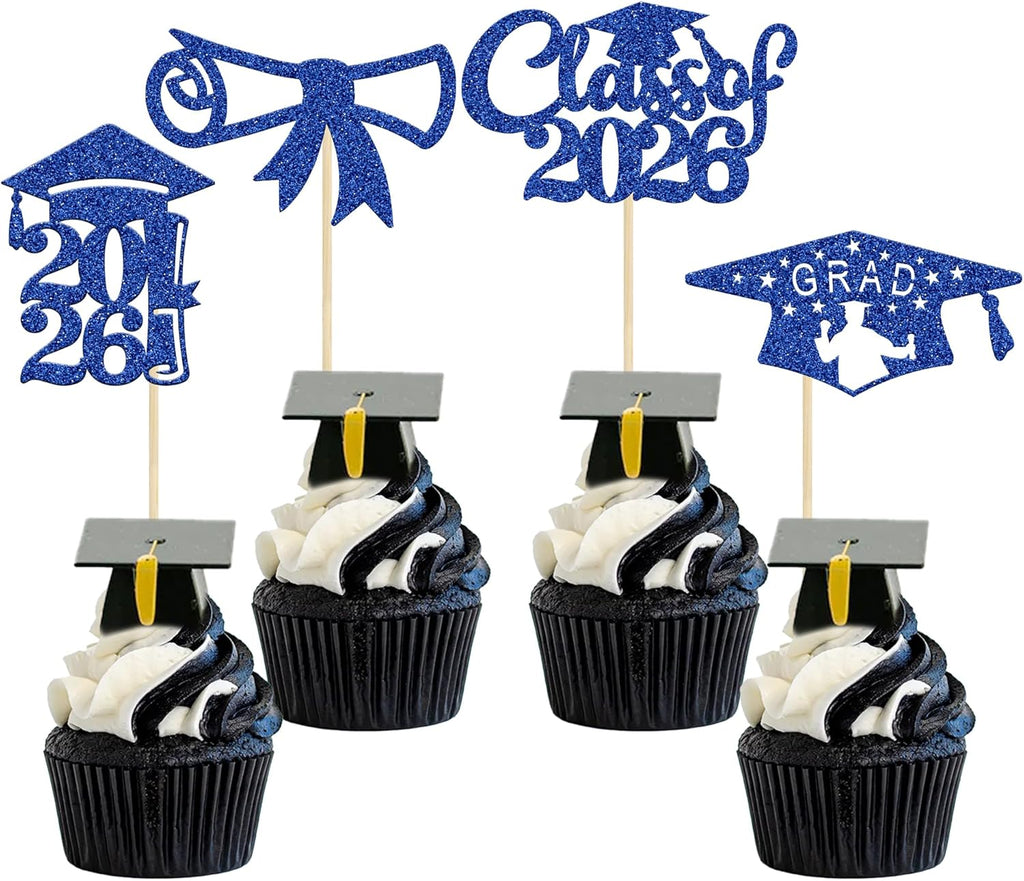 Gyufise 24Pcs 2026 Graduation Cupcake Toppers Deep Blue Glitter Class of 2026 Diploma Congrats Grad Cap Cupcake Picks 2026 Graduation Theme Party Cake Decorations Supplies