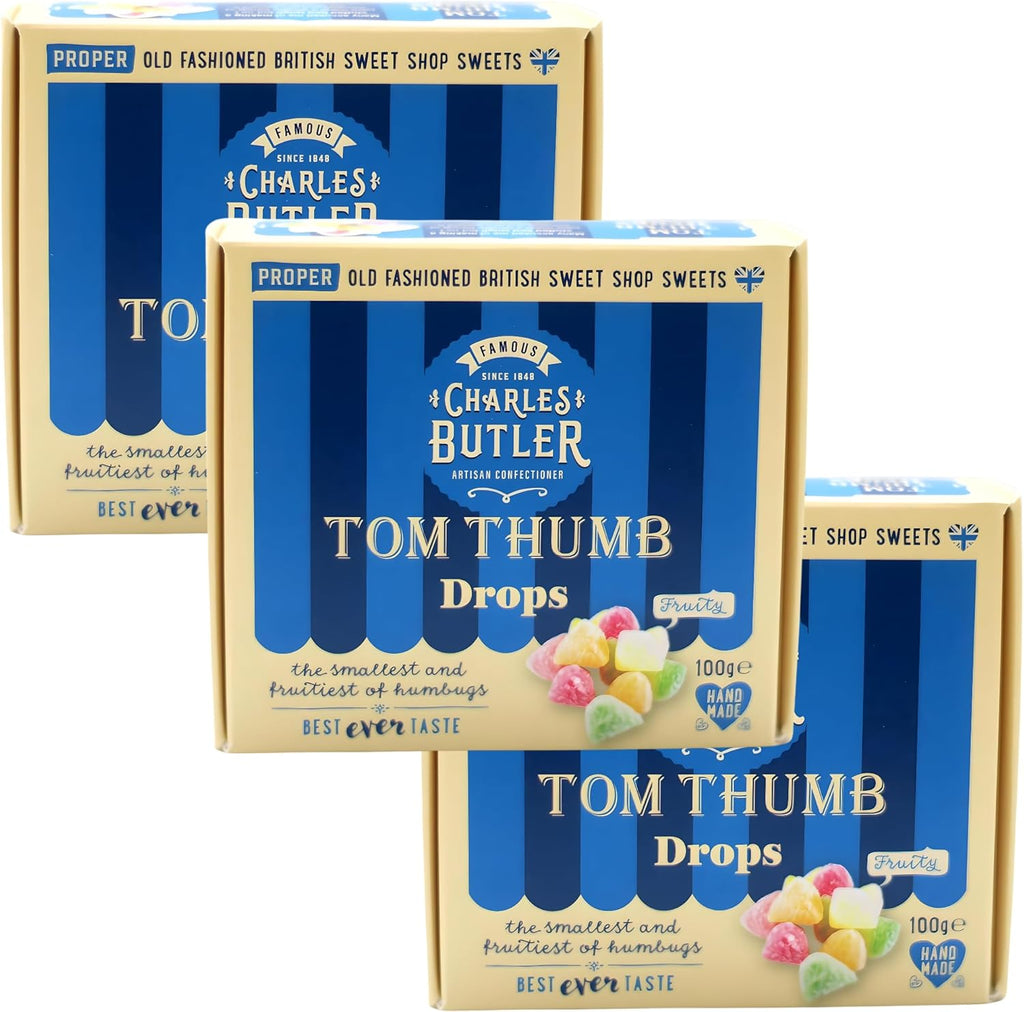 Charles Butler Tom Thumb Drops 3.5 Oz (Pack of 3) | Handmade Fruity Flavor Mini Humbug Candy | British Retro Hard Candy Drops | Old Fashioned English Hard Boiled Sweets Gift Box | UK Confectionery