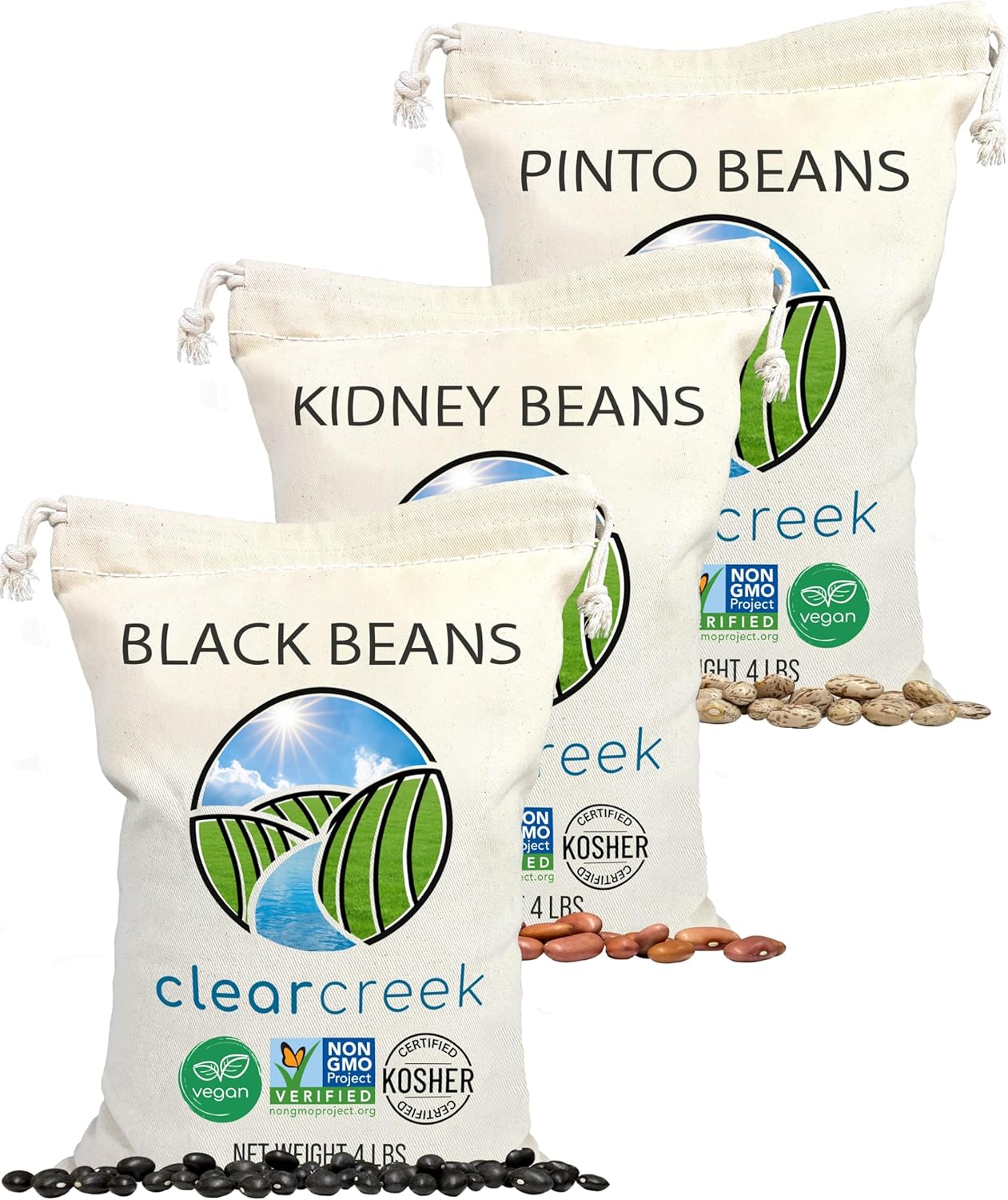 CLEAR CREEK Bean Pack: Black Beans, Pinto and Kidney Beans | 12 lbs (4 lbs each) | Washington State Farmed | Non-GMO | Kosher