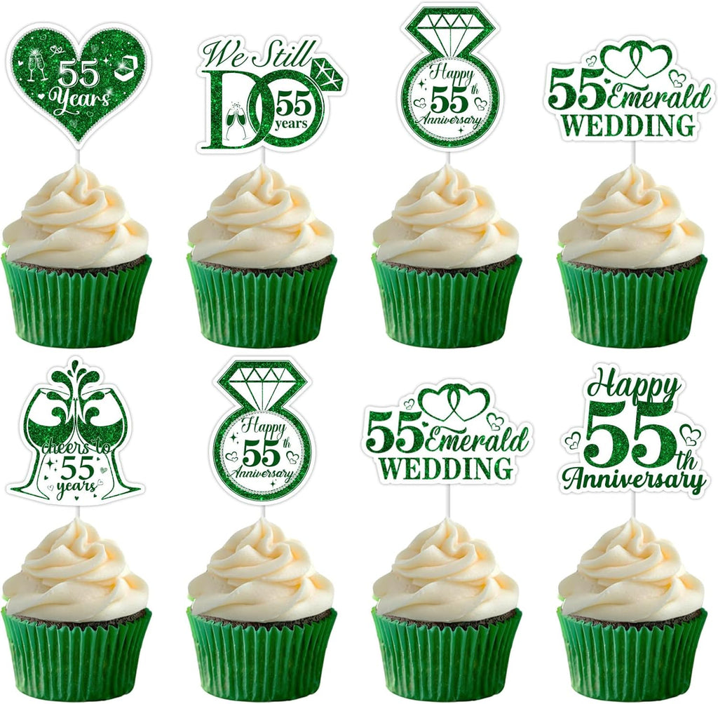 36pcs Happy 55th Anniversary Cupcake Toppers 55th Wedding Anniversary Decorations Emerald Glitter Heart Ring Cupcake Picks for Men Women Wedding Anniversary Party Cake Decorations Supplies