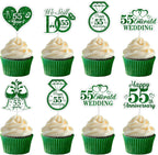 36pcs Happy 55th Anniversary Cupcake Toppers 55th Wedding Anniversary Decorations Emerald Glitter Heart Ring Cupcake Picks for Men Women Wedding Anniversary Party Cake Decorations Supplies