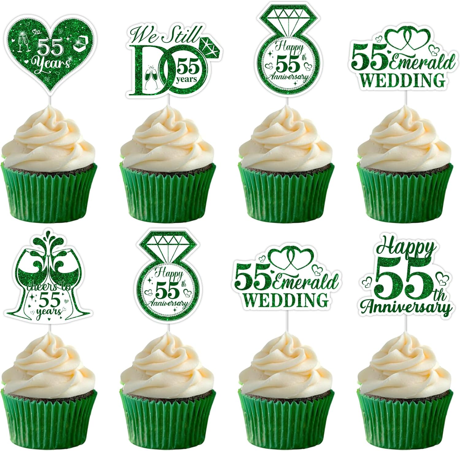 36pcs Happy 55th Anniversary Cupcake Toppers 55th Wedding Anniversary Decorations Emerald Glitter Heart Ring Cupcake Picks for Men Women Wedding Anniversary Party Cake Decorations Supplies