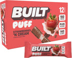 BUILT Bar Puff Protein Bars - Strawberries 'N Cream - 15g Protein Snack Bars with Collagen - Calorie Conscious & Gluten Free - 12 Count